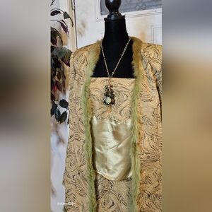 Elegant Gold and Green Textured Jacket, Camisole, and A Fitted Skirt Size 10